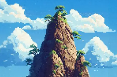 A pixelated Mountain on an Island with a few green trees.