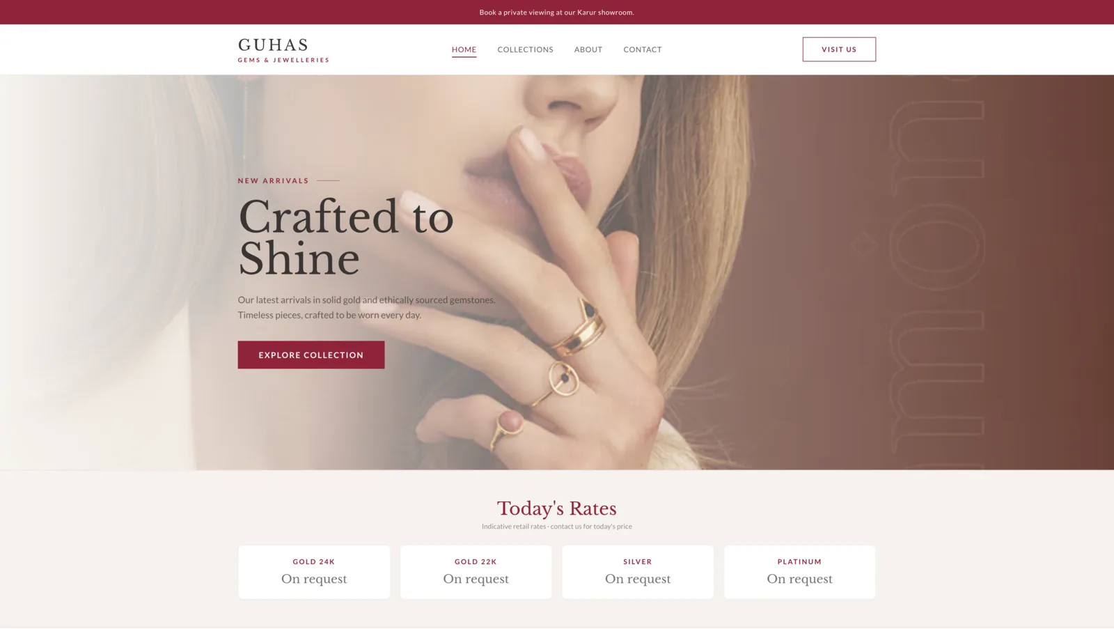 Guhas Gems and Jewelleries landing page with a Crafted to Shine hero and a daily rates board